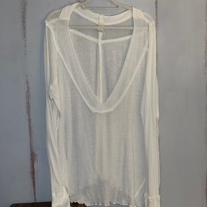 Free people women L deep v ribbed thick sleeve scallop hem rough hem tunic